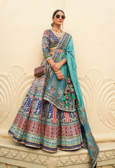 Blue Colored Silk Sparkle Mirror Work Traditional Lehenga Choli For Women