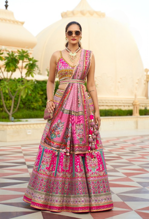 Pink Colored Silk Sparkle Mirror Work Traditional Lehenga Choli For Women