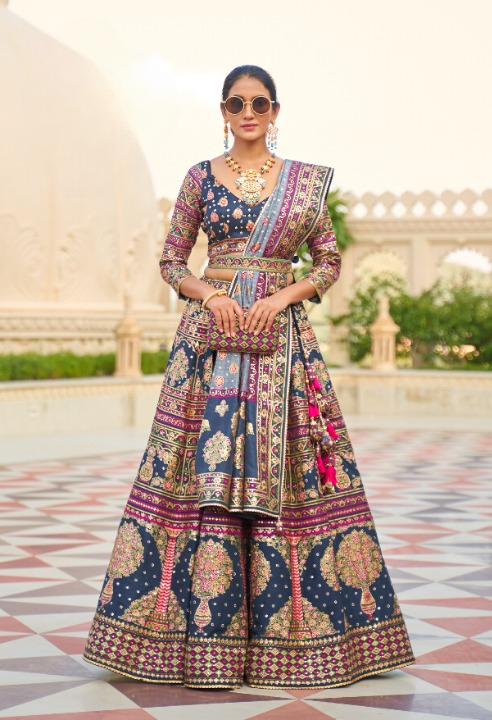 Navy Blue Colored Silk Sparkle Mirror Work Traditional Lehenga Choli For Women