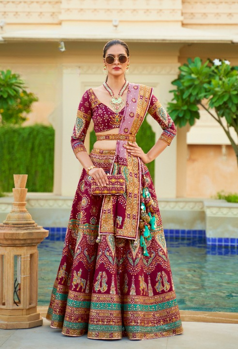 Wine Colored Silk Sparkle Mirror Work Traditional Lehenga Choli For Women