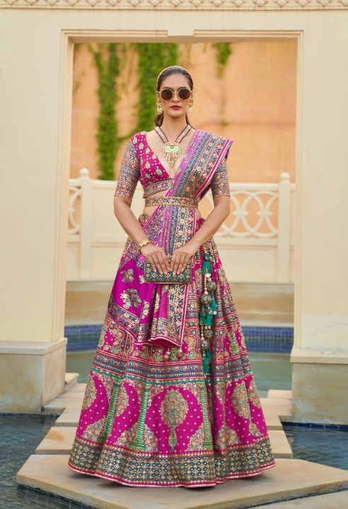 Magenta Pink Colored Silk Sparkle Mirror Work Traditional Lehenga Choli For Women