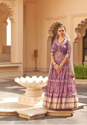 Lavender Silk Foil Print  Lehenga Choli