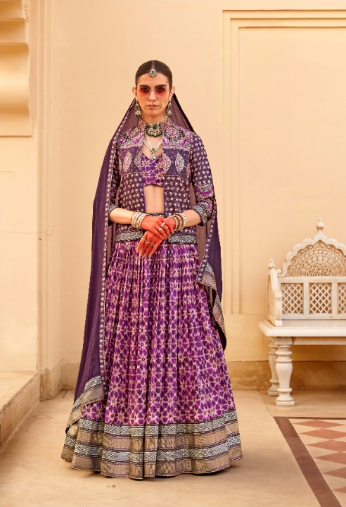 Violet Colored Silk Foil Print Traditional Lehenga Choli With Koti