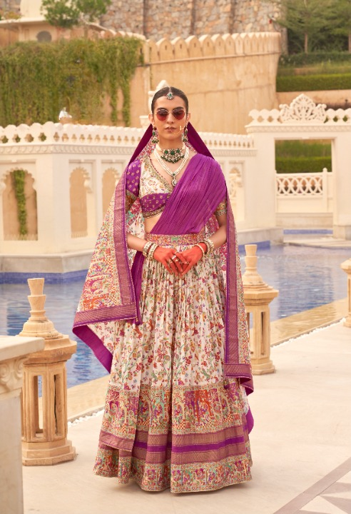 Cream Silk Foil Print Lehenga Choli