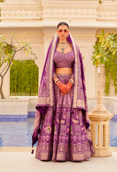 Wine Colored Silk Foil Print Traditional Lehenga Choli For Women