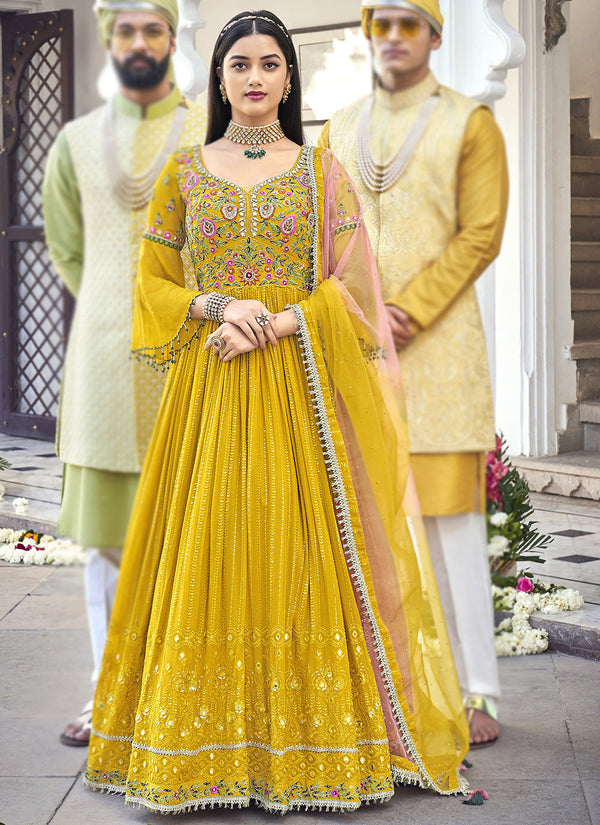 Yellow Embroidered Floor Length Anarkali Suit