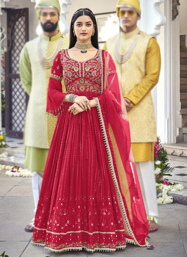 Red Embroidered Floor Length Anarkali Suit