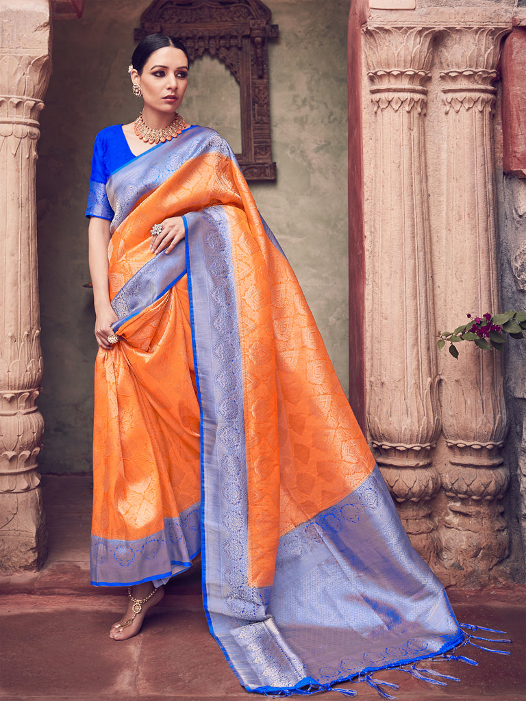 Traditional Orange Color Banarasi Art Silk Woven Saree For Festival