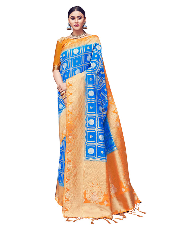 Traditional Blue Color Banarasi Art Silk Woven Saree For Festival
