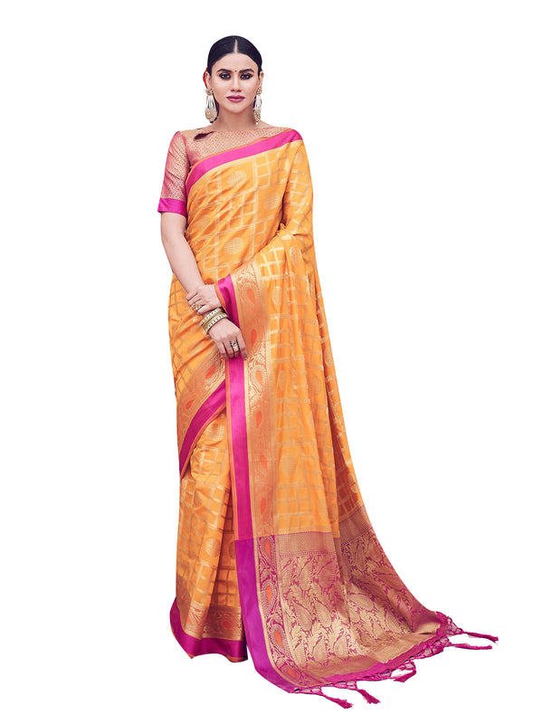Designer Saree Yellow Color Banarasi Art Silk Woven Saree For Sangeet