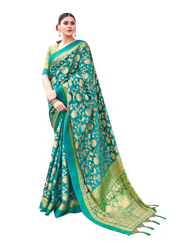 Designer Saree Teal Color Banarasi Art Silk Woven Saree For Sangeet