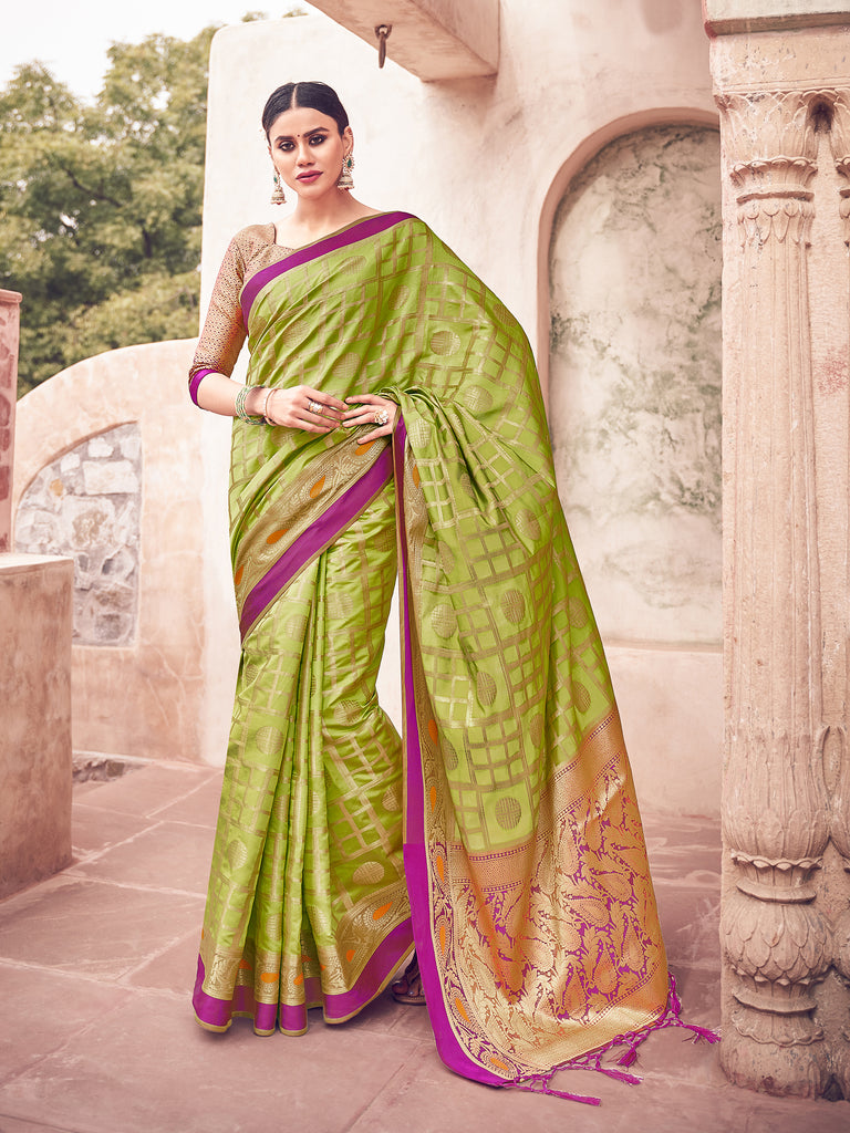 Designer Saree Olive Green Color Banarasi Art Silk Woven Saree For Sangeet
