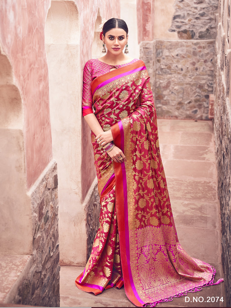 Designer Saree Red Color Banarasi Art Silk Woven Saree For Sangeet