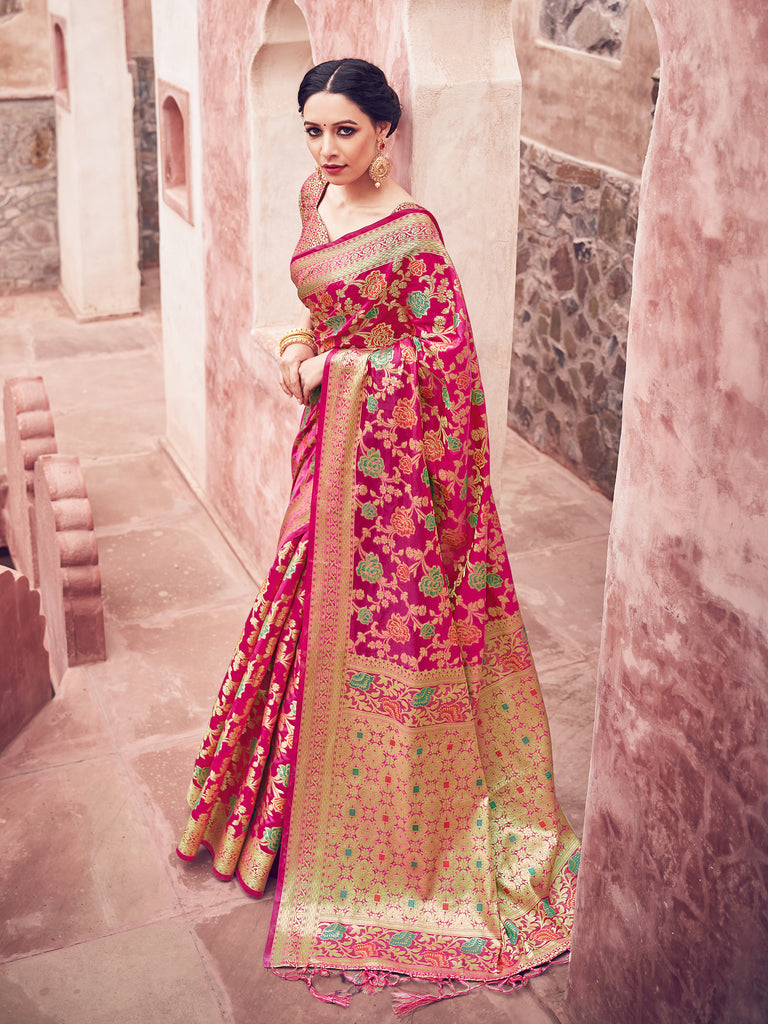 Designer Saree Pink Color Banarasi Art Silk Woven Saree For Sangeet