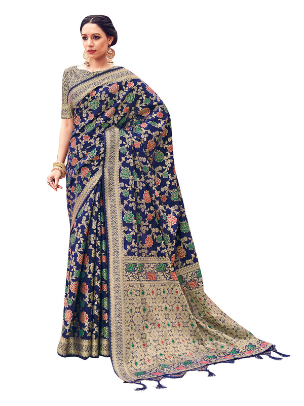 Designer Saree Navy Blue Color Banarasi Art Silk Woven Saree For Sangeet