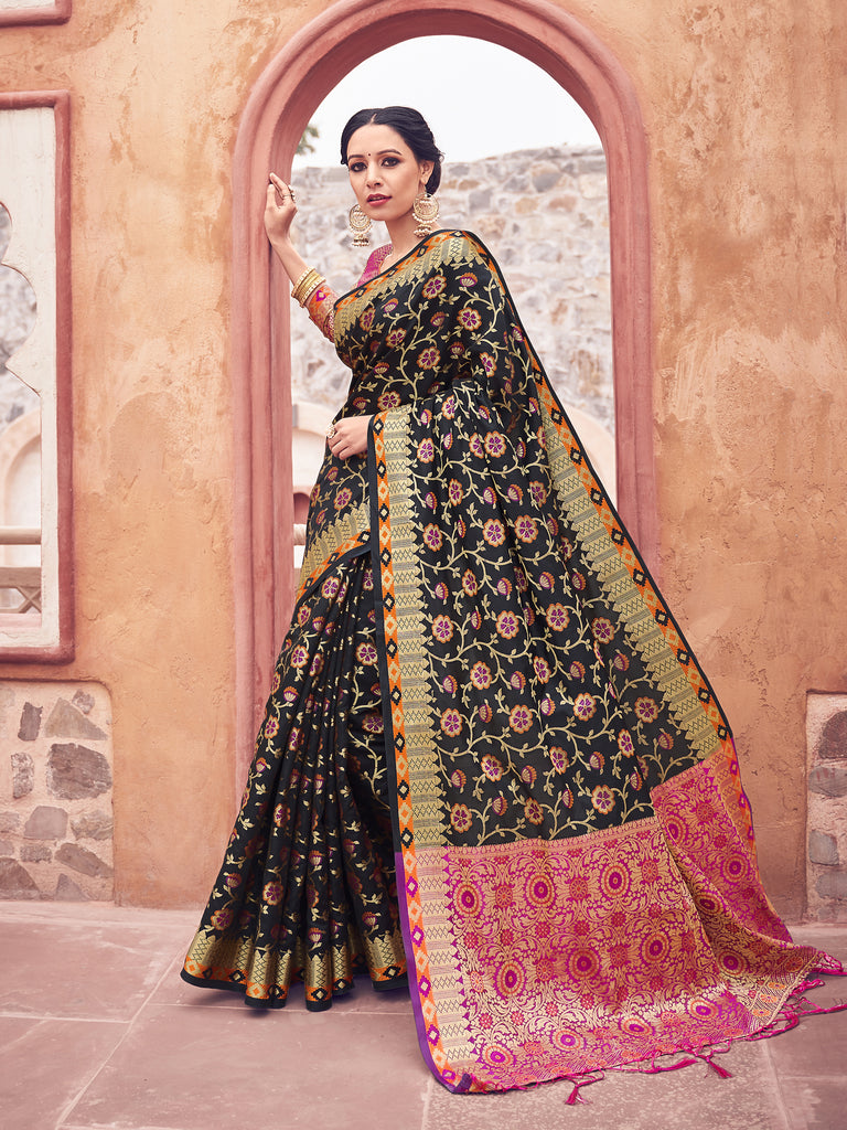 Designer Saree Black Color Banarasi Art Silk Woven Saree For Sangeet