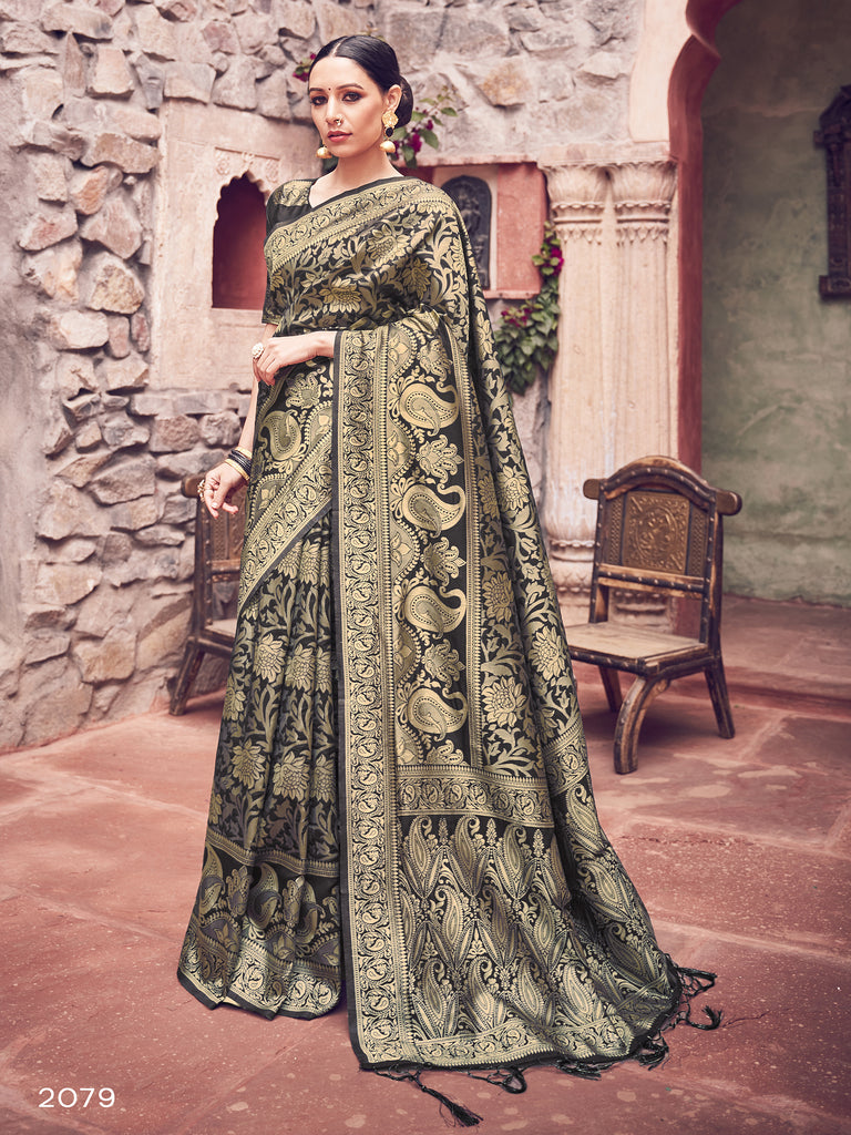 Designer Saree Black Color Banarasi Art Silk Woven Saree For Festival