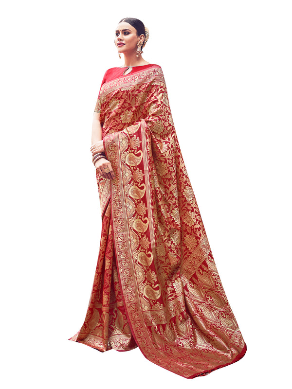 Designer Saree Red Color Banarasi Art Silk Woven Saree For Festival