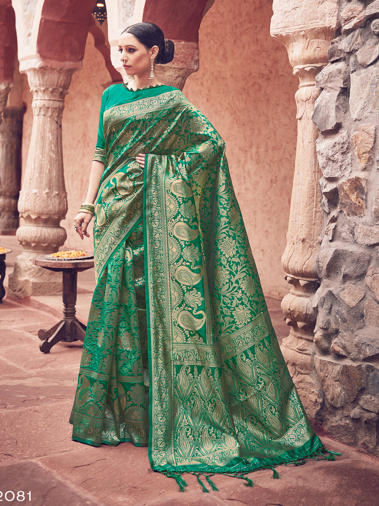 Designer Saree Green Color Banarasi Art Silk Woven Saree For Festival