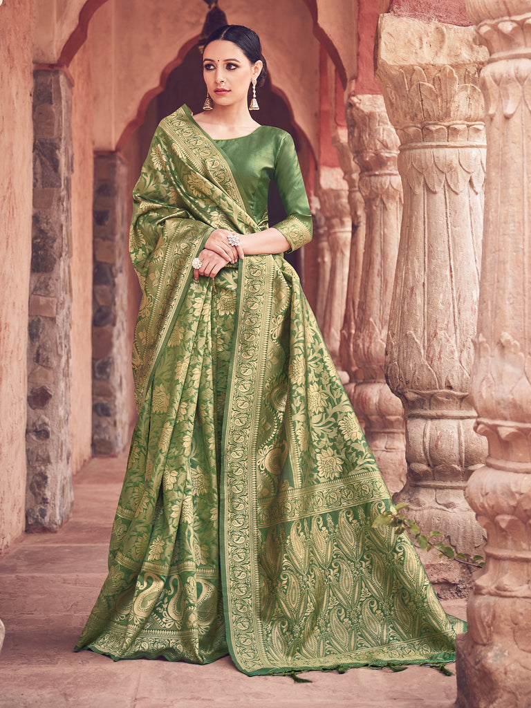 Designer Saree Olive Green Color Banarasi Art Silk Woven Saree For Festival