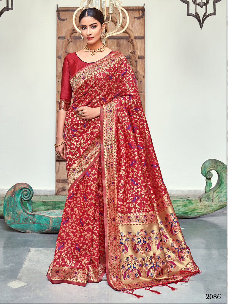 Designer Saree Red Color Banarasi Art Silk Woven Saree For Engagement