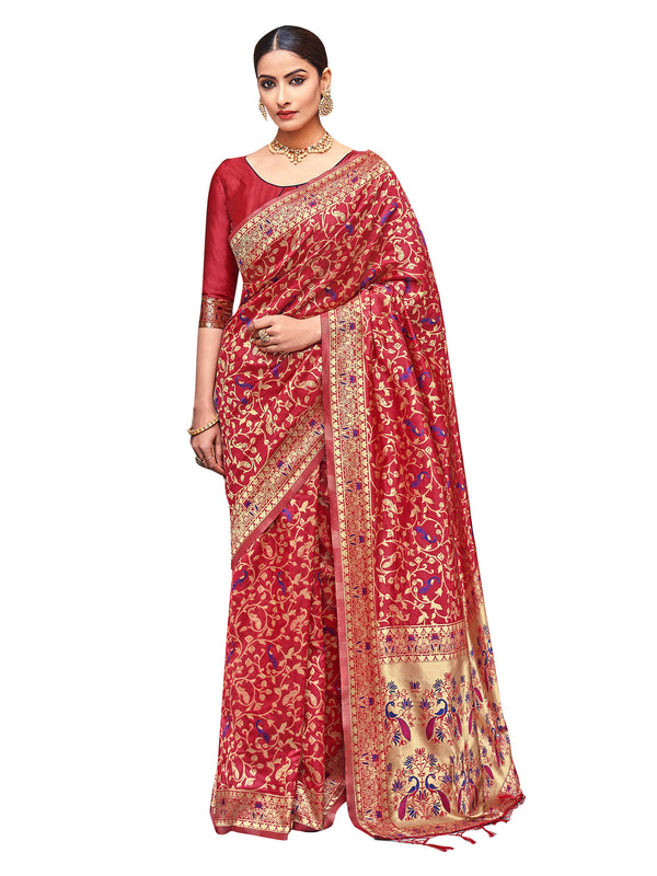 Designer Saree Red Color Banarasi Art Silk Woven Saree For Engagement