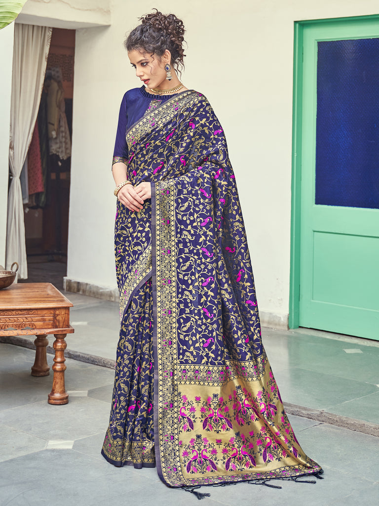 Designer Saree Navy Blue Color Banarasi Art Silk Woven Saree For Engagement
