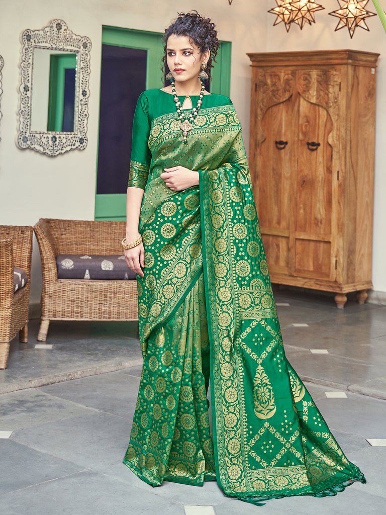 Designer Saree Green Color Banarasi Art Silk Woven Saree For Engagement