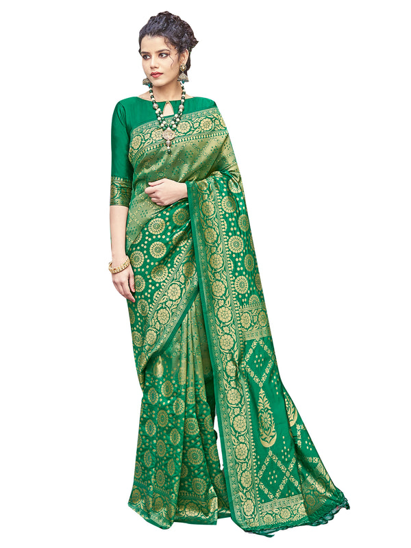 Designer Saree Green Color Banarasi Art Silk Woven Saree For Engagement
