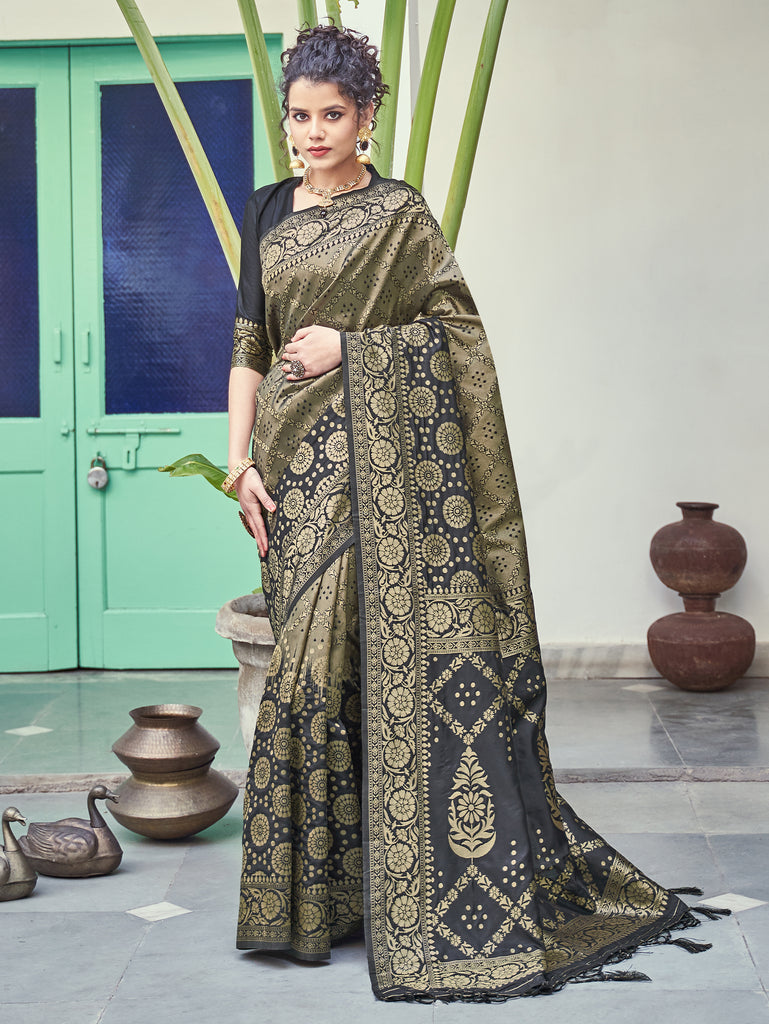 Designer Saree Black Color Banarasi Art Silk Woven Saree For Engagement