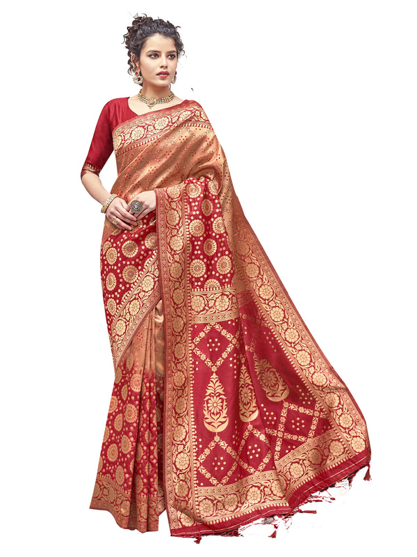 Designer Saree Red Color Banarasi Art Silk Woven Saree For Engagement