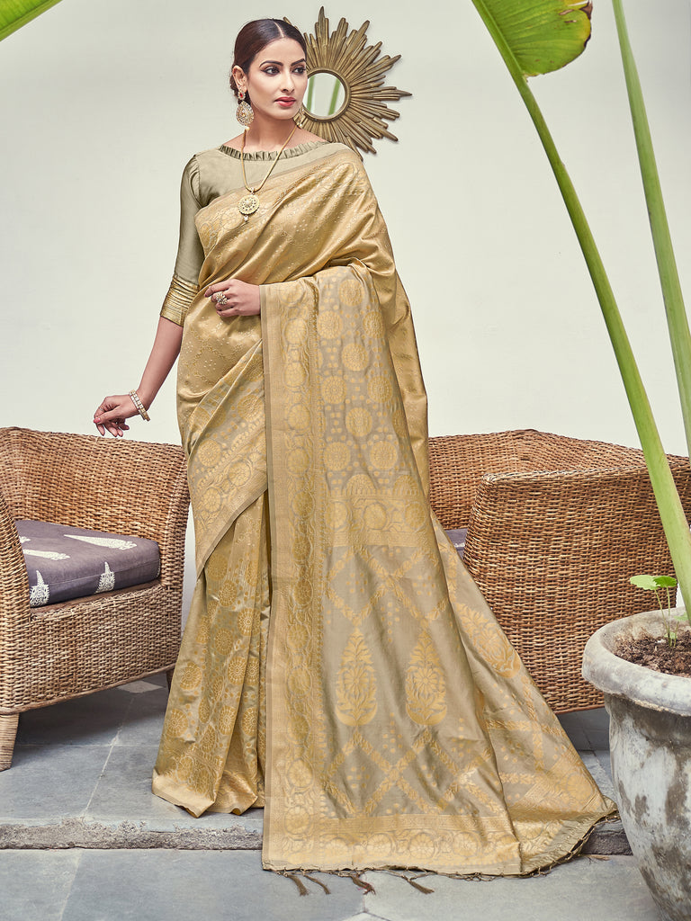 Designer Saree Gold Color Banarasi Art Silk Woven Saree For Engagement