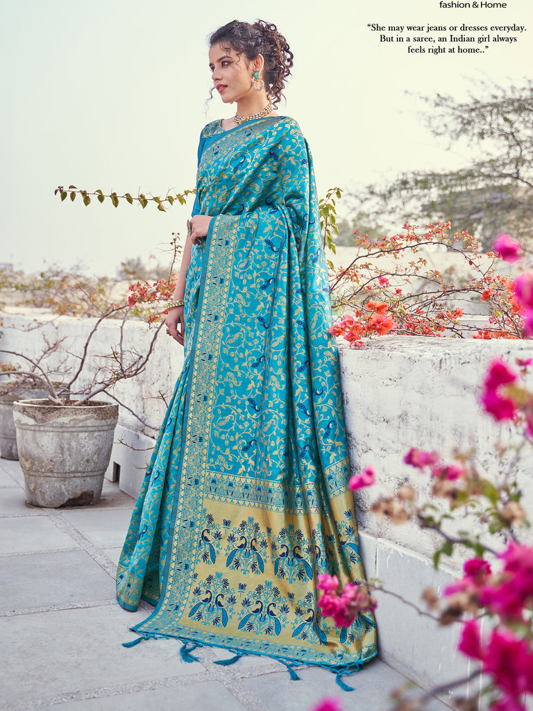 Designer Saree Turquoise Color Banarasi Art Silk Woven Saree For Engagement