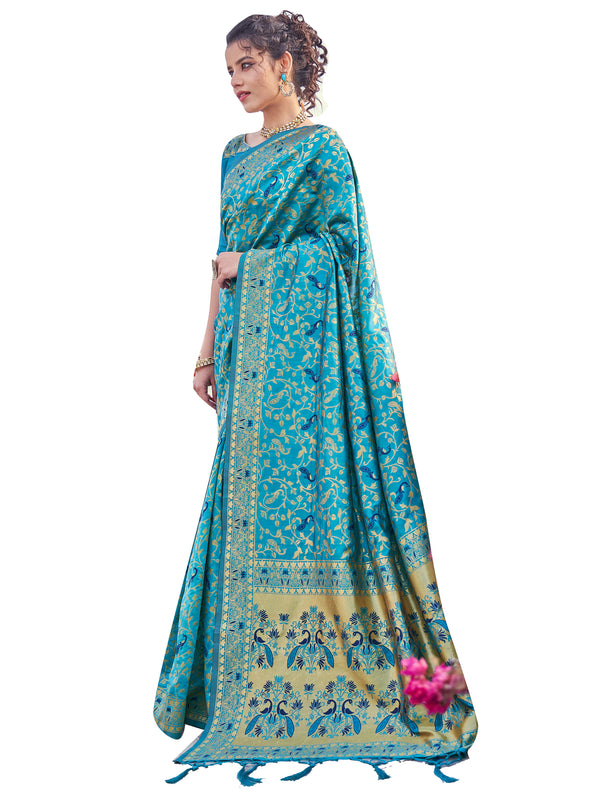 Designer Saree Turquoise Color Banarasi Art Silk Woven Saree For Engagement