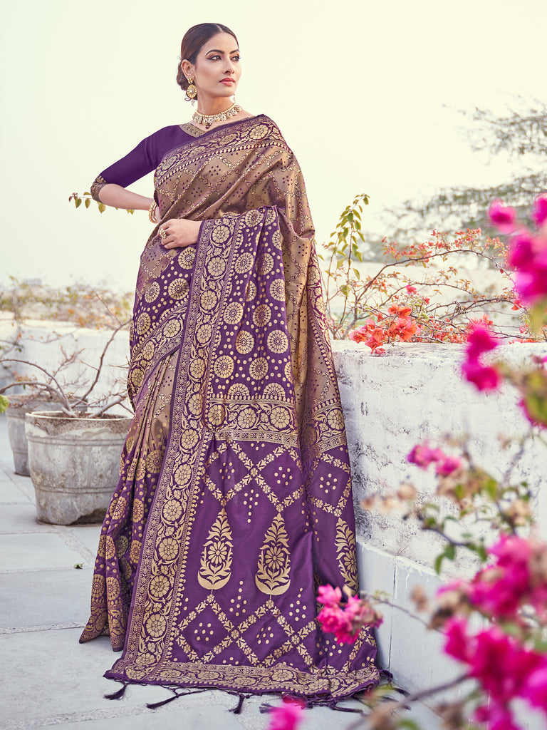 Designer Saree Purple Color Banarasi Art Silk Woven Saree For Engagement