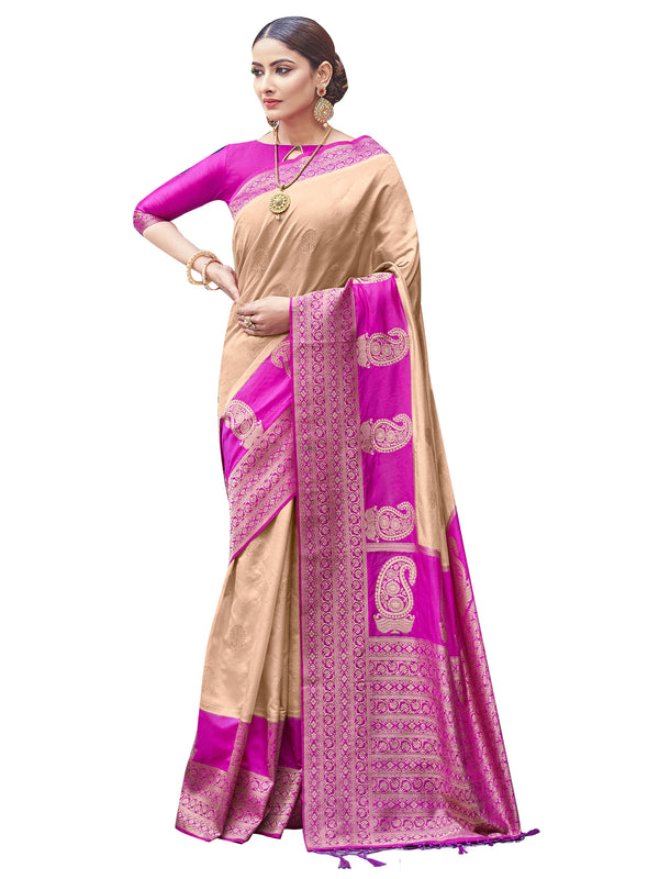 Designer Saree Beige Color Banarasi Art Silk Woven Saree For Ceremonial