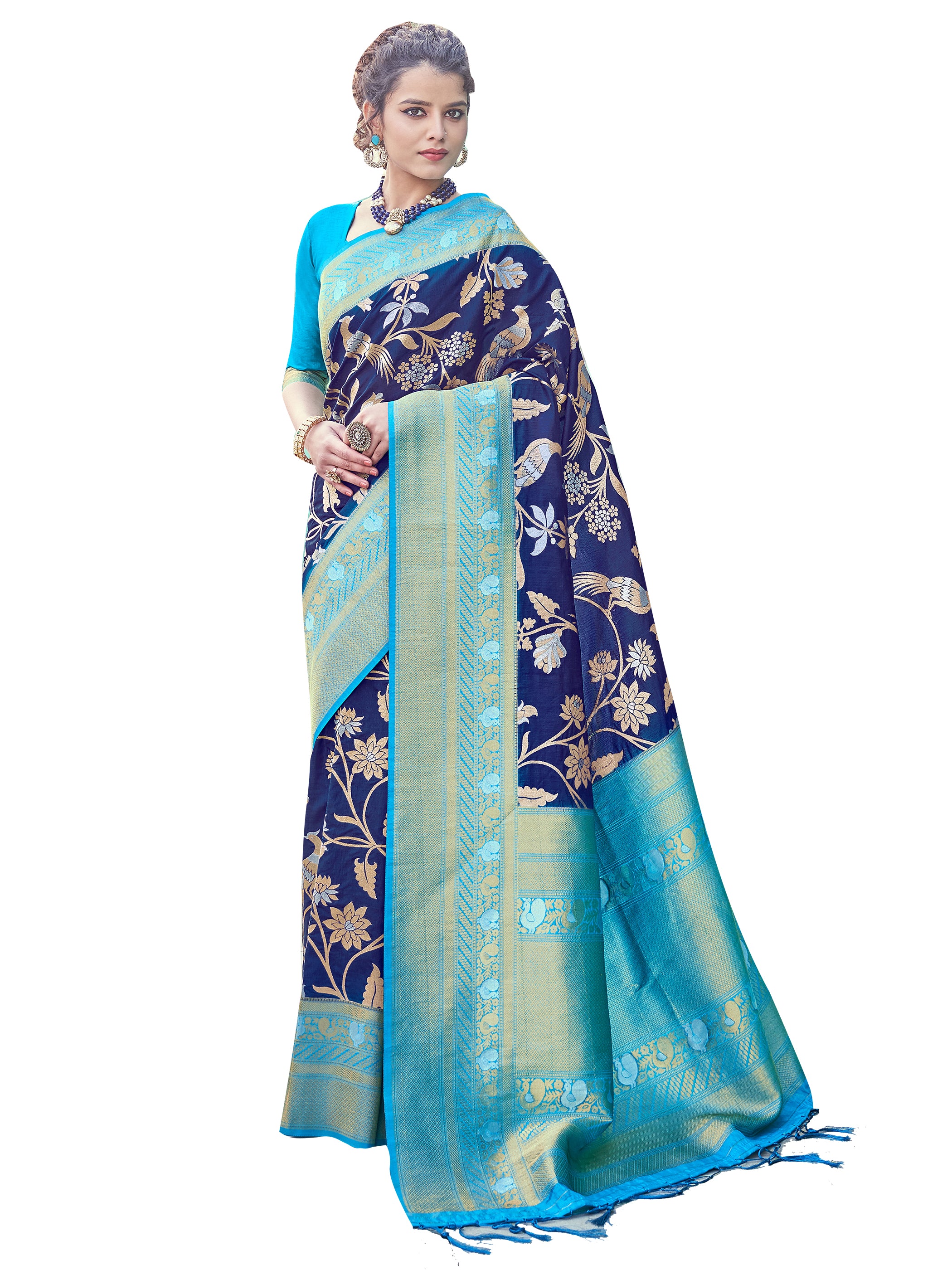 Navy Blue Banarasi Art Silk Woven Saree