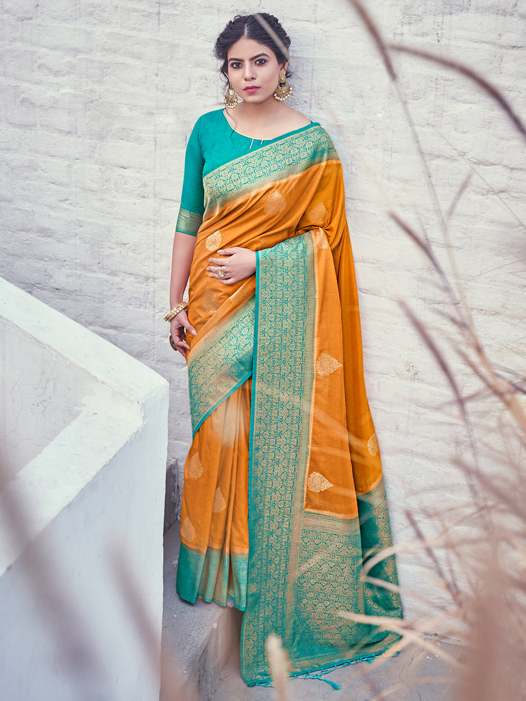 Designer Saree Mustard Color Banarasi Art Silk Woven Saree For Ceremonial