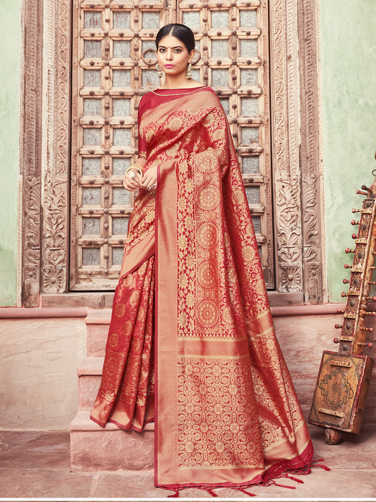 Designer Saree Red Color Banarasi Art Silk Woven Saree For Party