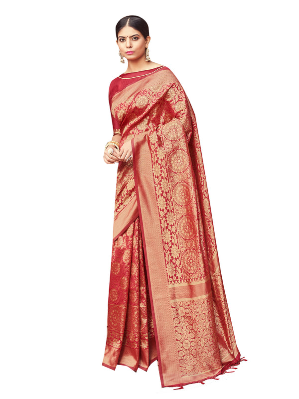 Designer Saree Red Color Banarasi Art Silk Woven Saree For Party