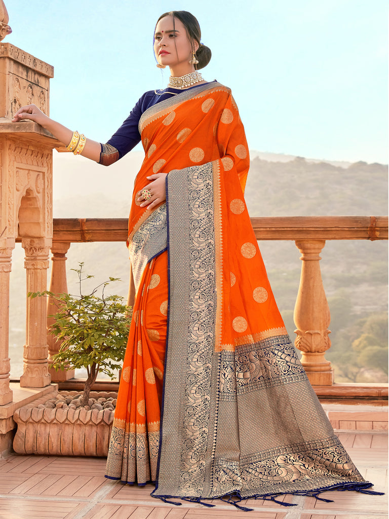 Traditional Saree Orange Color Banarasi Art Silk Woven Saree For Mehndi