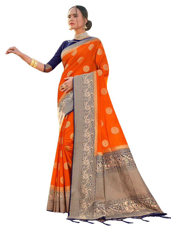 Traditional Saree Orange Color Banarasi Art Silk Woven Saree For Mehndi
