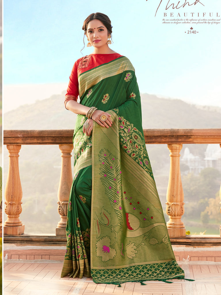 Traditional Saree Green Color Banarasi Art Silk Woven Saree For Mehndi