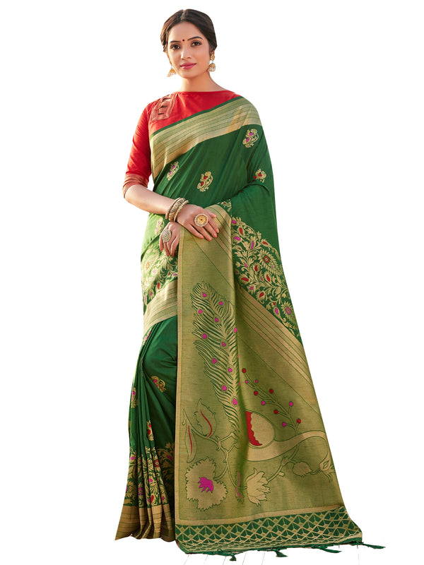 Traditional Saree Green Color Banarasi Art Silk Woven Saree For Mehndi