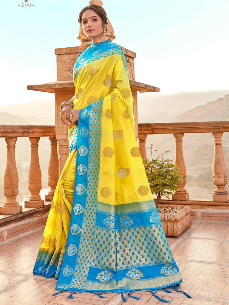 Traditional Saree Yellow Color Banarasi Art Silk Woven Saree For Mehndi