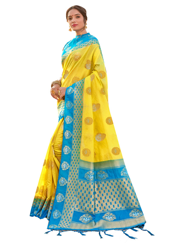 Traditional Saree Yellow Color Banarasi Art Silk Woven Saree For Mehndi