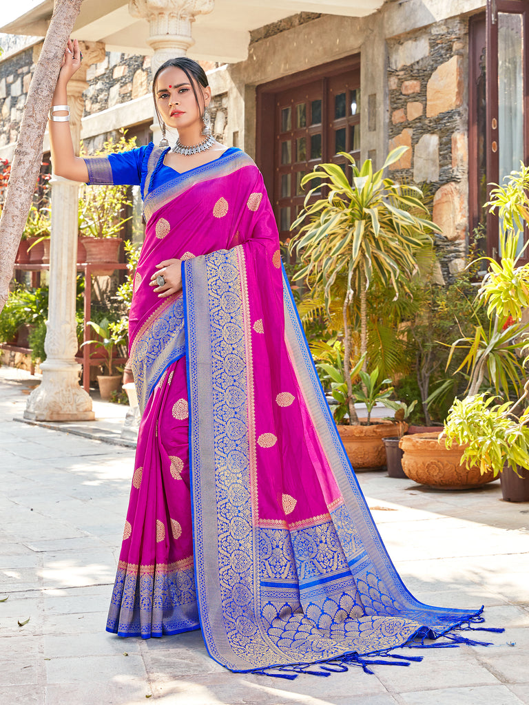 Traditional Saree Pink Color Banarasi Art Silk Woven Saree For Mehndi