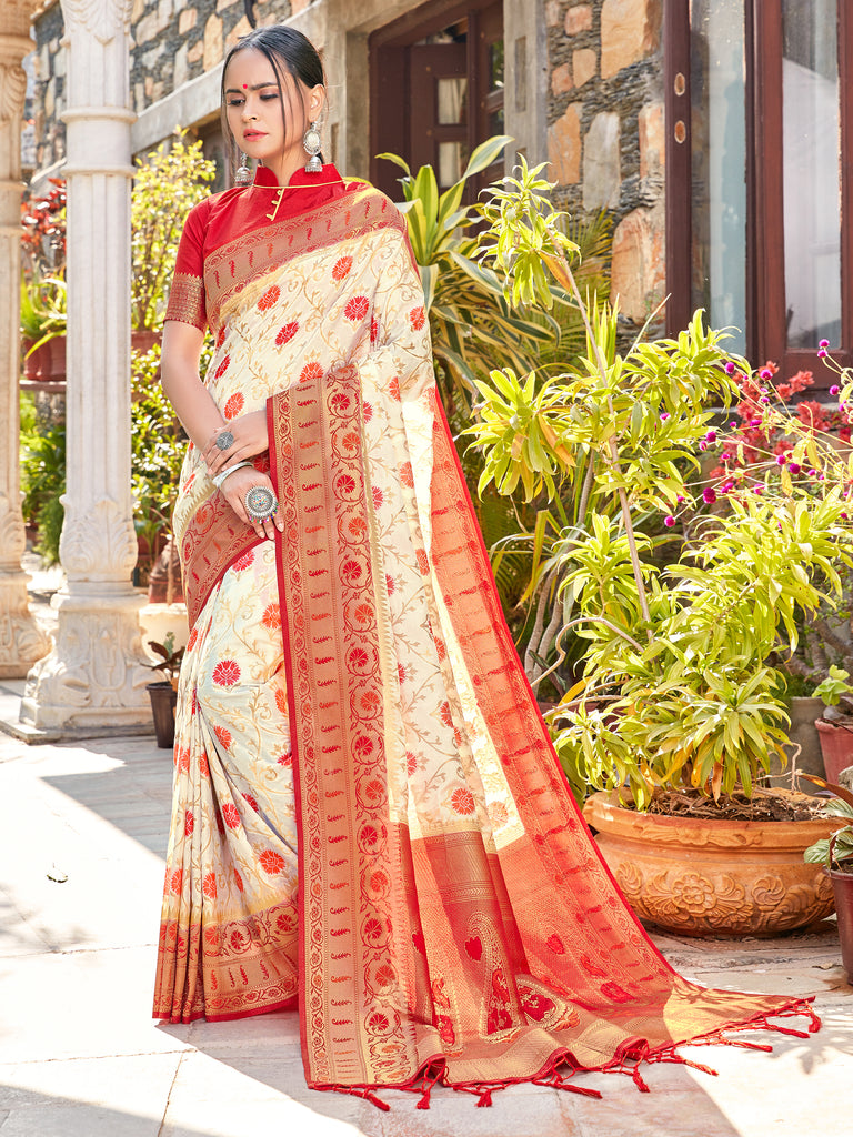 Traditional Saree Cream Color Banarasi Art Silk Woven Saree For Mehndi