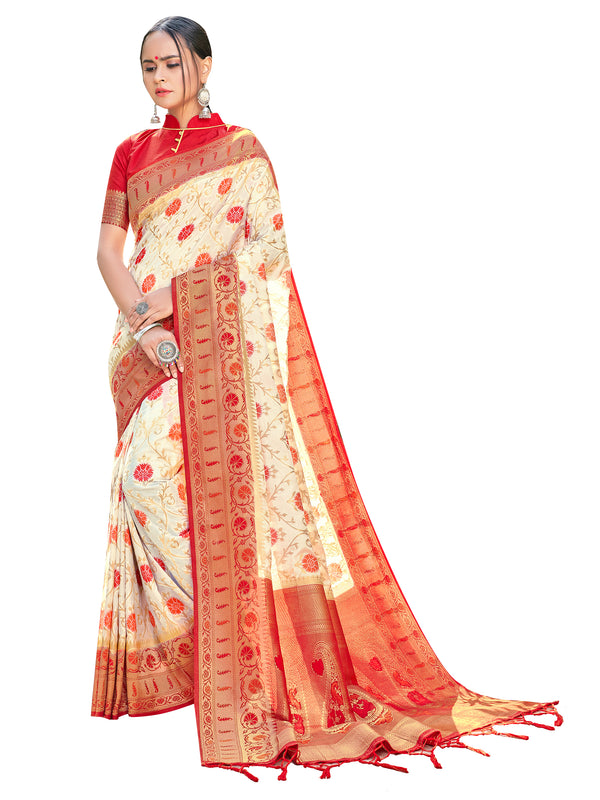 Traditional Saree Cream Color Banarasi Art Silk Woven Saree For Mehndi