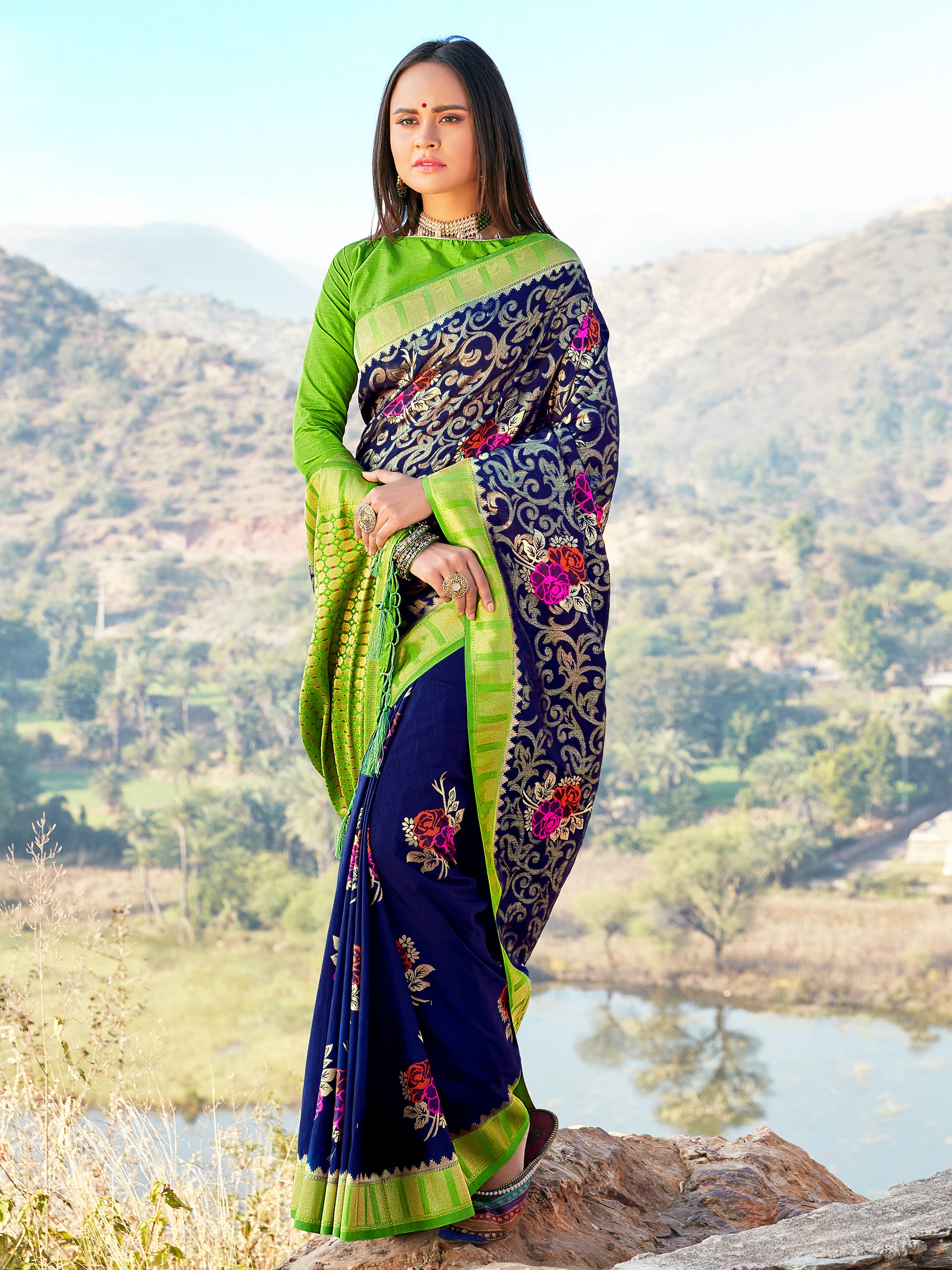 Navy Blue Banarasi Art Silk Woven Saree